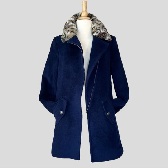REBECCA TAYLOR Wool Blend Coat Faux Fur Collar Navy Blue, Size 2 - Picture 2 of 15